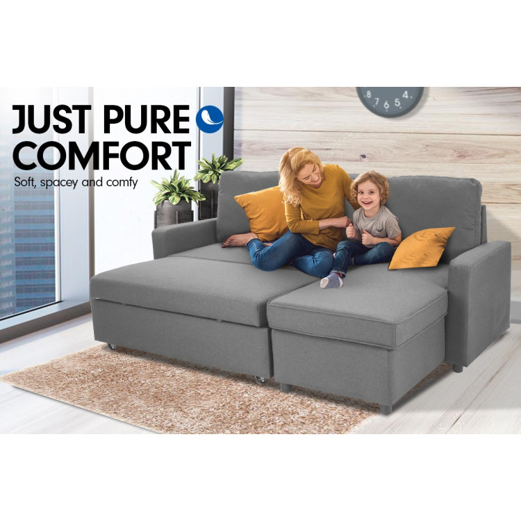 3-Seater Corner Sofa Bed With Storage Lounge Chaise Couch - Light Grey image 4