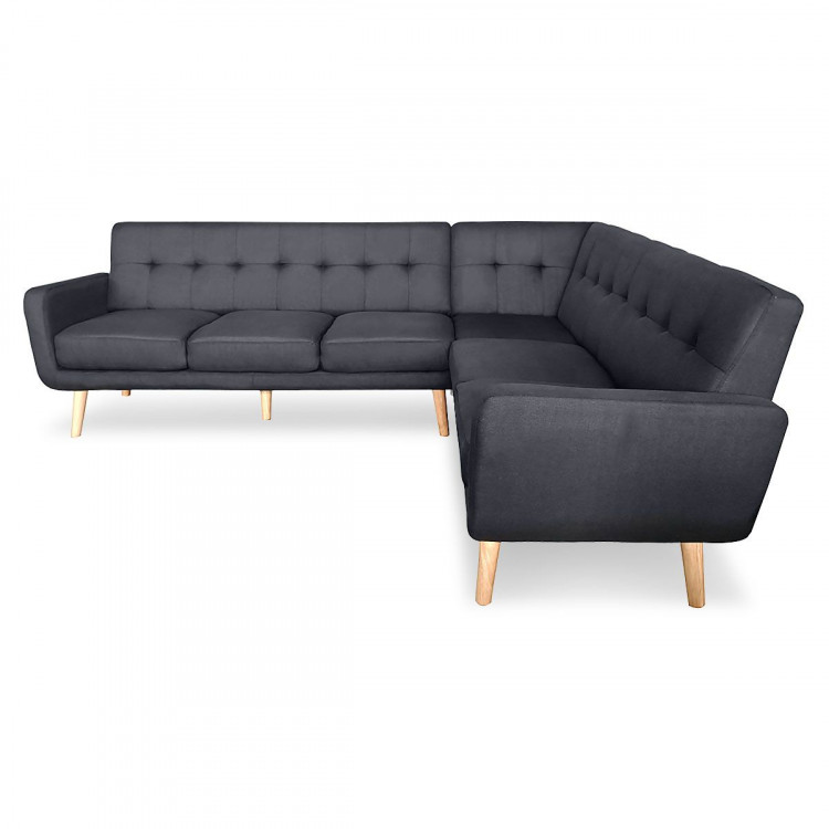 Faux Linen Corner Wooden Sofa Lounge L-shaped with Chaise Black image 4