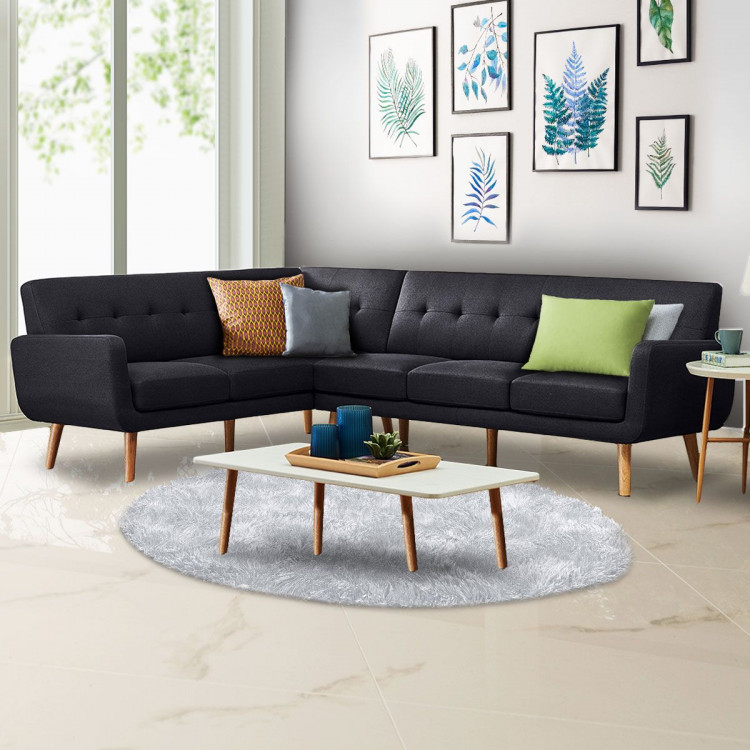 Faux Linen Corner Wooden Sofa Futon Lounge L-shaped with Chaise Black image 8