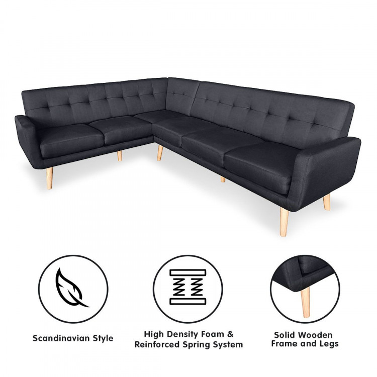 Faux Linen Corner Wooden Sofa Futon Lounge L-shaped with Chaise Black image 3