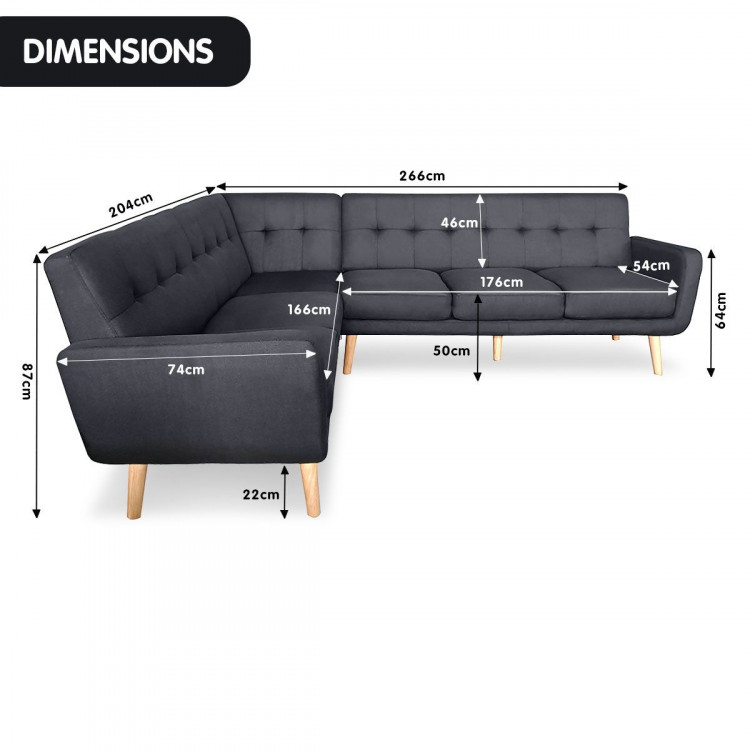 Faux Linen Corner Wooden Sofa Futon Lounge L-shaped with Chaise Black image 7