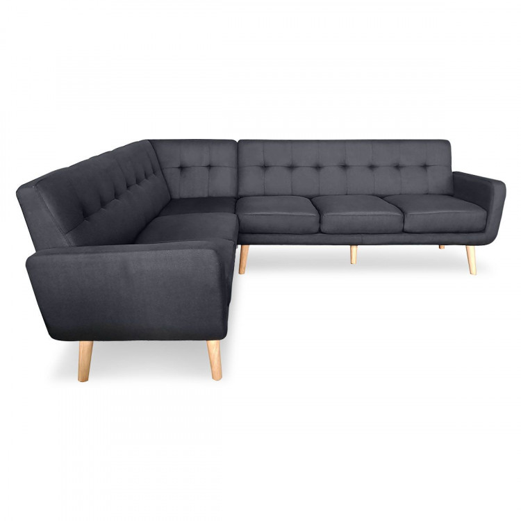 Faux Linen Corner Wooden Sofa Futon Lounge L-shaped with Chaise Black image 4