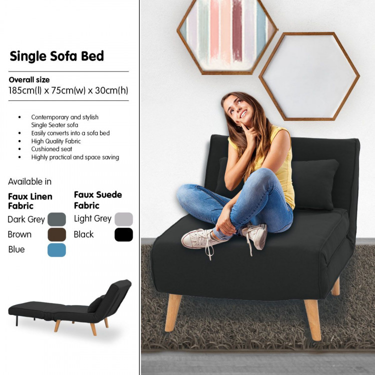 Adjustable Corner Sofa Single Seater Lounge Suede Bed Seat - Black image 4
