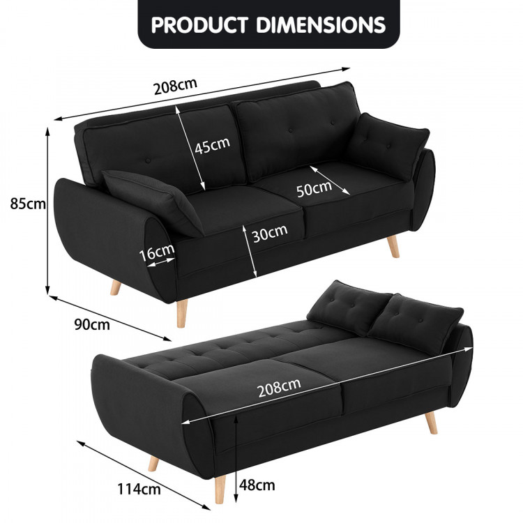 Sarantino 3 Seater Modular Linen Fabric Sofa Bed Couch Futon - Black image 12