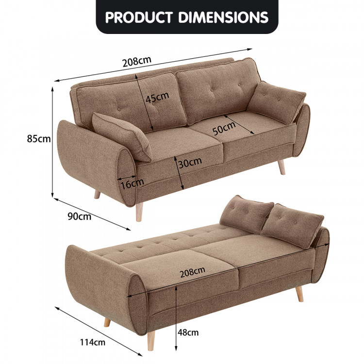 Sarantino 3 Seater Modular Linen Fabric Sofa Bed Couch Futon - Brown image 10