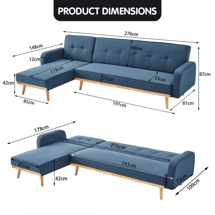Sarantino 3-Seater wooden Corner Sofa Bed Lounge Chaise Couch - Blue image 10