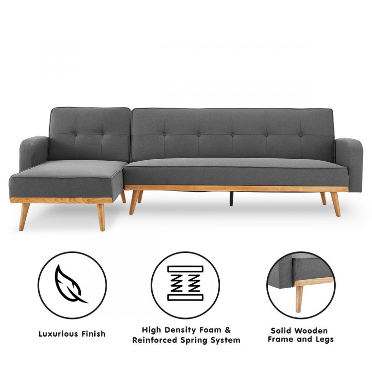 Sarantino 3-Seater Wood Corner Sofa Bed Lounge Chaise Couch Dark Grey image 3