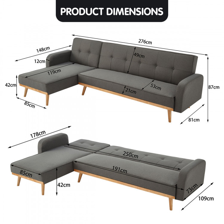 Sarantino 3-Seater Wood Corner Sofa Bed Lounge Chaise Couch Dark Grey image 10