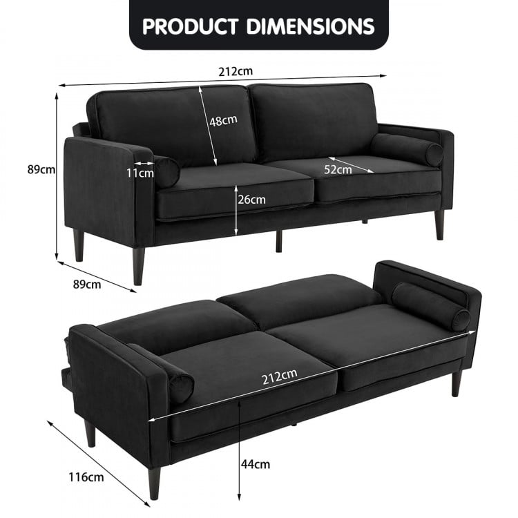 Sarantino 3 Seater Faux Velvet Sofa Bed Couch Furniture Lounge - Black image 13