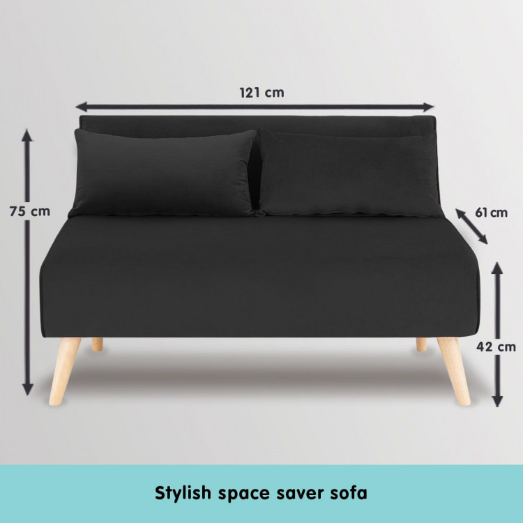 2-Seater Adjustable Sofa Bed Lounge Faux Velvet Fabric - Black image 8