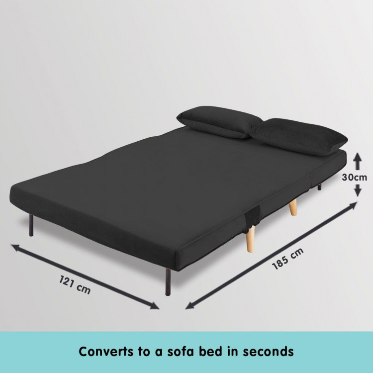 2-Seater Adjustable Sofa Bed Lounge Faux Velvet Fabric - Black image 9