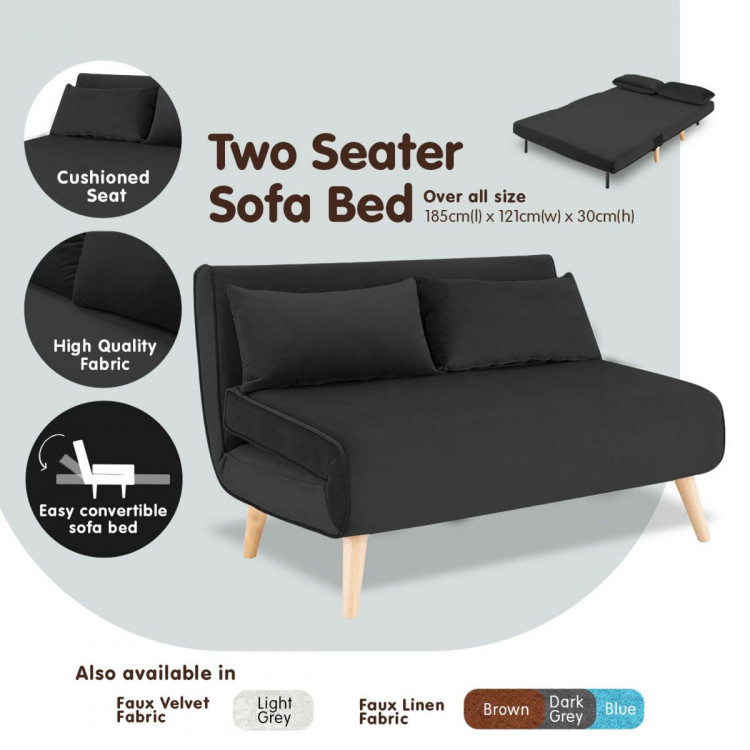2-Seater Adjustable Sofa Bed Lounge Faux Velvet Fabric - Black image 5