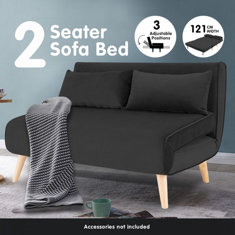 2-Seater Adjustable Sofa Bed Lounge Faux Velvet Fabric - Black image 6