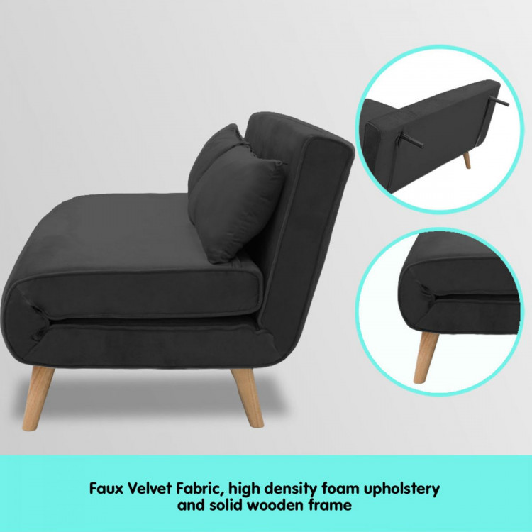 2-Seater Adjustable Sofa Bed Lounge Faux Velvet Fabric - Black image 7