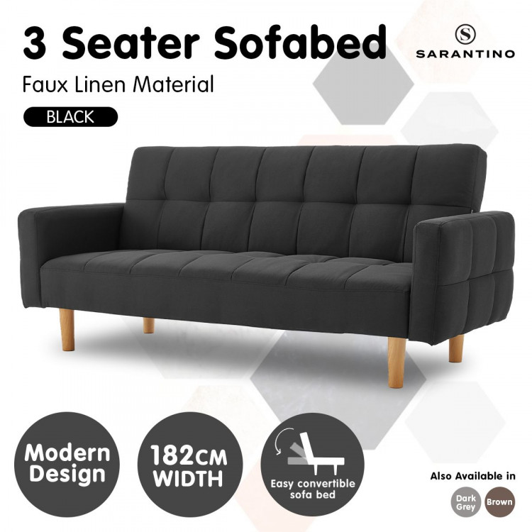 Sarantino 3 Seater Linen Fabric Sofa Bed Couch Armrest Futon Black image 4