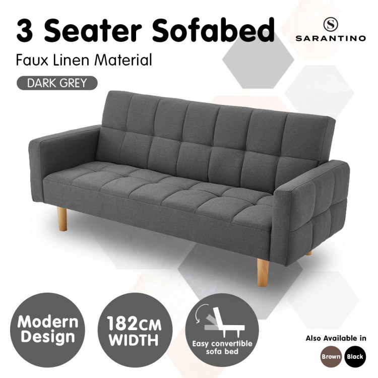 Sarantino 3 Seater Linen Fabric  Bed Sofa Armrest Futon Dark Grey image 4