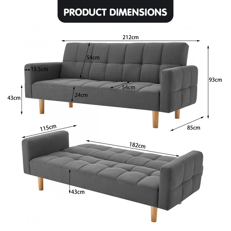 Sarantino 3 Seater Linen Fabric  Bed Sofa Armrest Futon Dark Grey image 11