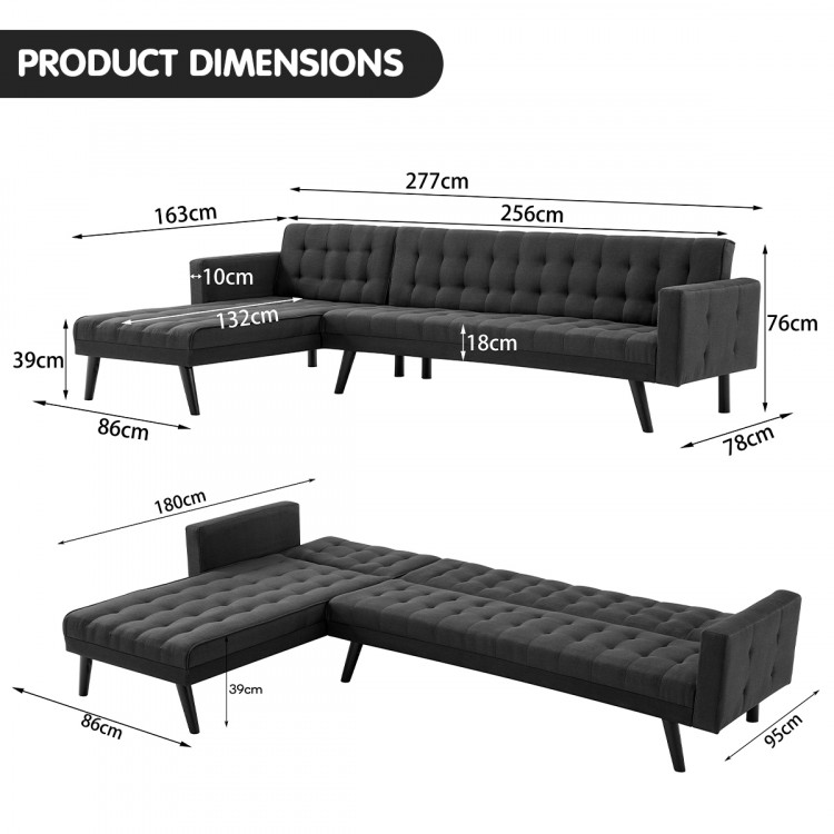 Sarantino 3-Seater Corner Wooden Sofa Bed Lounge Chaise Sofa Black image 12