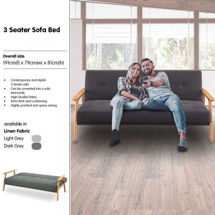 Three Seater Linen Fabric Sofa Bed Lounge Couch Futon - Dark Grey image 9