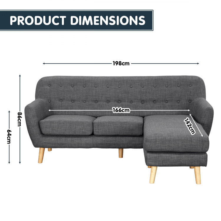 Linen Corner Sofa Couch Lounge L-shaped with Chaise - Dark Grey image 7