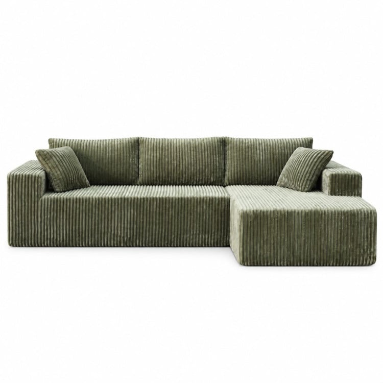 Sarantino Soffia 2.75m Green Corduroy Corner Sofa with Chaise L-Shape Sectional Couch 3 Seater Lounge Sofa in a Box