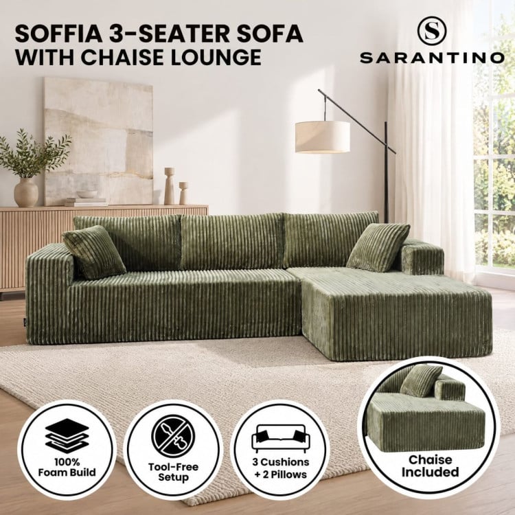 Sarantino Soffia 2.75m Green Corduroy Corner Sofa with Chaise L-Shape Sectional Couch 3 Seater Lounge Sofa in a Box image 3