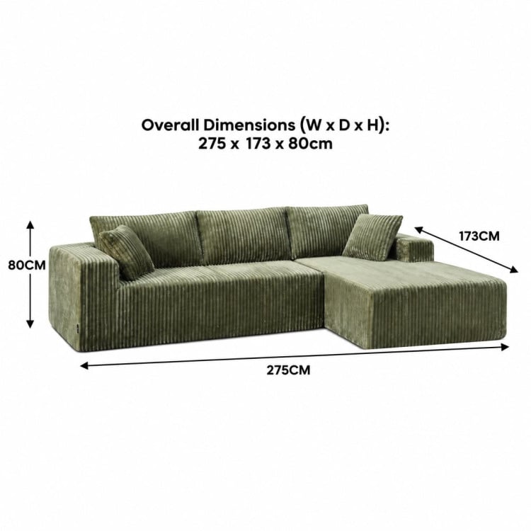 Sarantino Soffia 2.75m Green Corduroy Corner Sofa with Chaise L-Shape Sectional Couch 3 Seater Lounge Sofa in a Box image 4