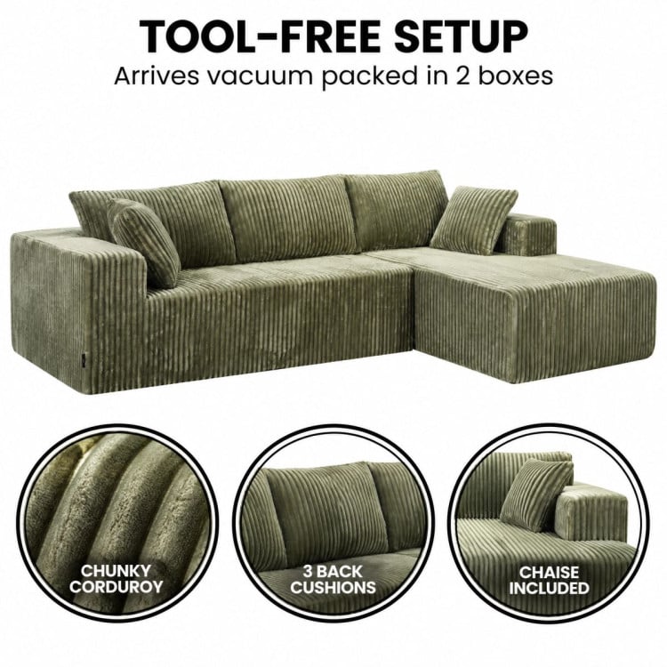Sarantino Soffia 2.75m Green Corduroy Corner Sofa with Chaise L-Shape Sectional Couch 3 Seater Lounge Sofa in a Box image 8