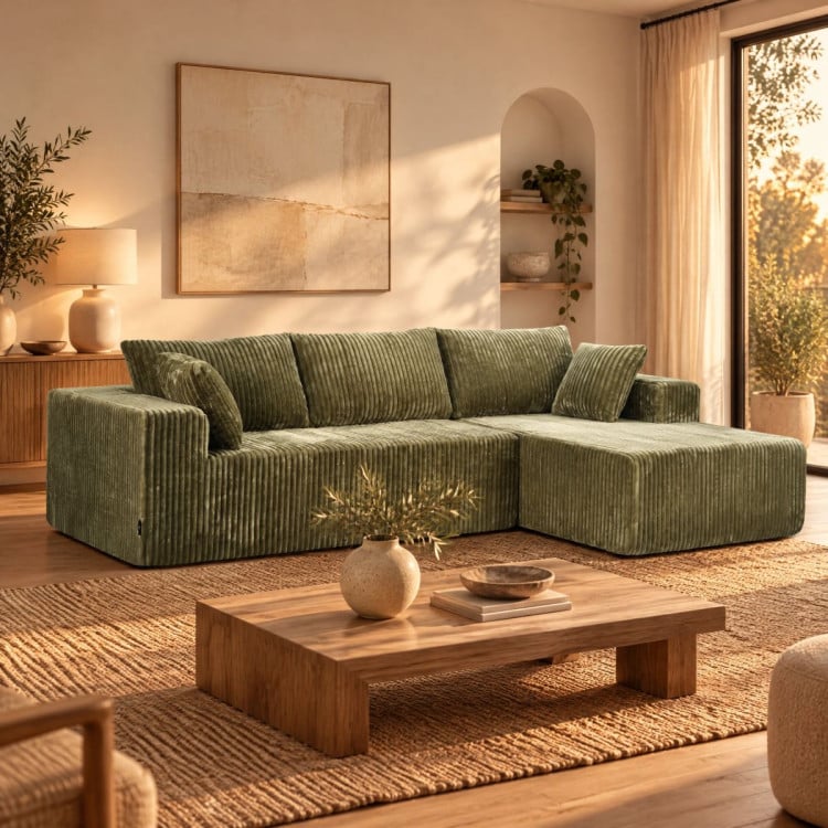 Sarantino Soffia 2.75m Green Corduroy Corner Sofa with Chaise L-Shape Sectional Couch 3 Seater Lounge Sofa in a Box image 10