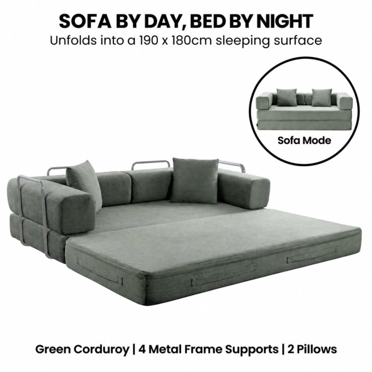 Sarantino Lume 1.9m Convertible Sofa Bed Green Corduroy Folding Foam Couch Double Floor Daybed Chaise Lounge image 6