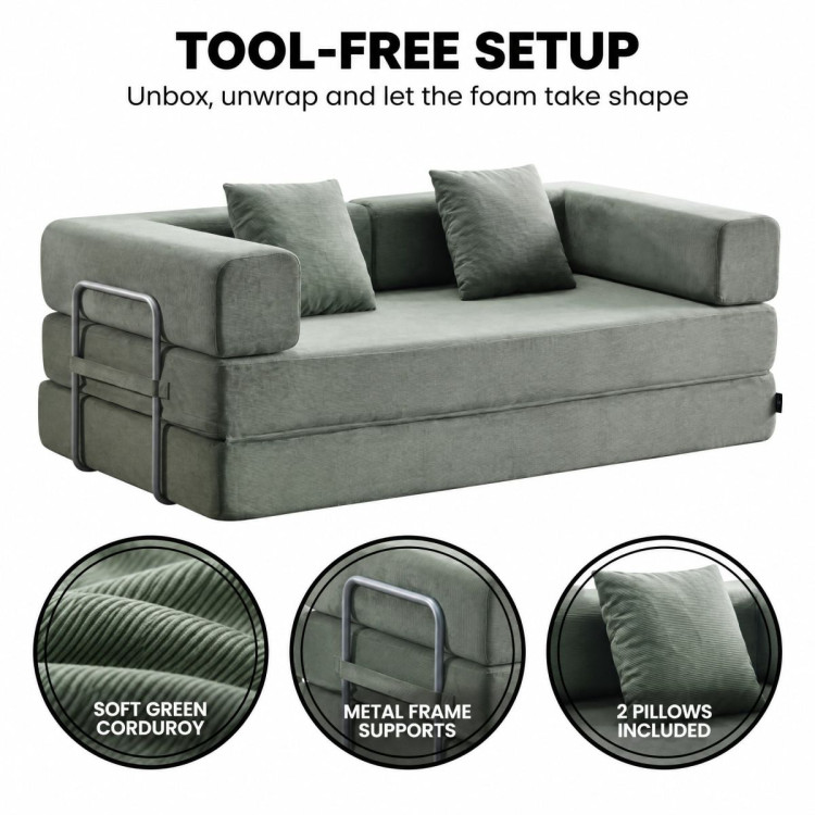 Sarantino Lume 1.9m Convertible Sofa Bed Green Corduroy Folding Foam Couch Double Floor Daybed Chaise Lounge image 8