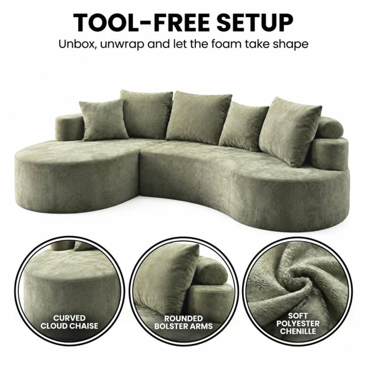 Sarantino Nuvola 2.65m Curved Cloud Sofa with Chaise Green Chenille Sectional Couch Lounge in a Box No Assembly image 7