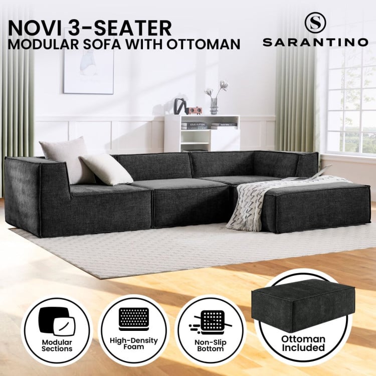 Sarantino Novi 3-Seater Modular Sofa Ottoman Charcoal Black Non-Slip Bottom Lounge image 3