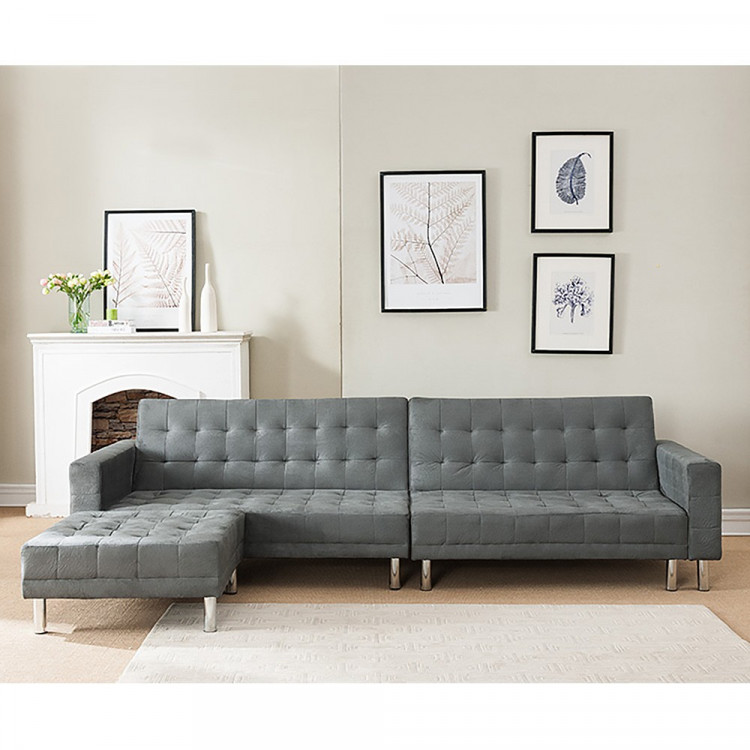 Suede Corner Sofa Bed Couch with Chaise - Grey image 2