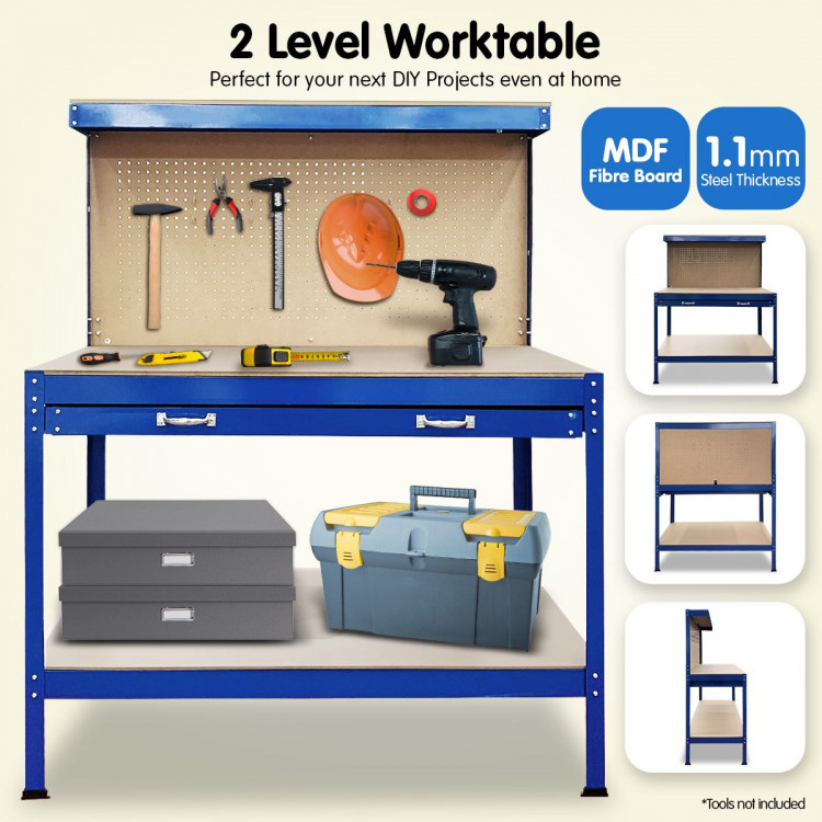 2-Layered Work Bench Garage Storage Table Tool Shop Shelf Blue image 4