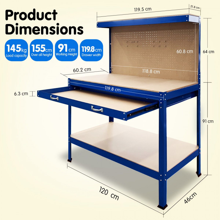2-Layered Work Bench Garage Storage Table Tool Shop Shelf Blue image 6