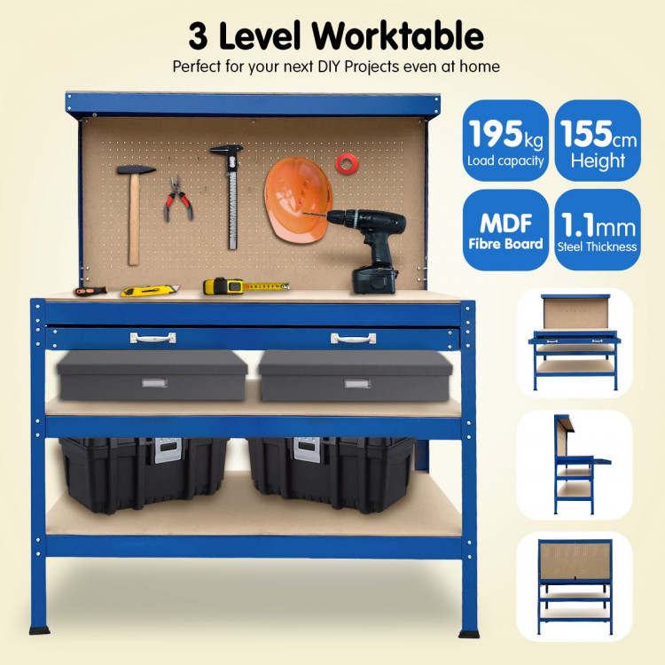 3-Layered Work Bench Garage Storage Table Tool Shop Shelf Blue image 9