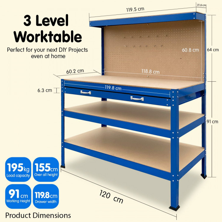 3-Layered Work Bench Garage Storage Table Tool Shop Shelf Blue image 11