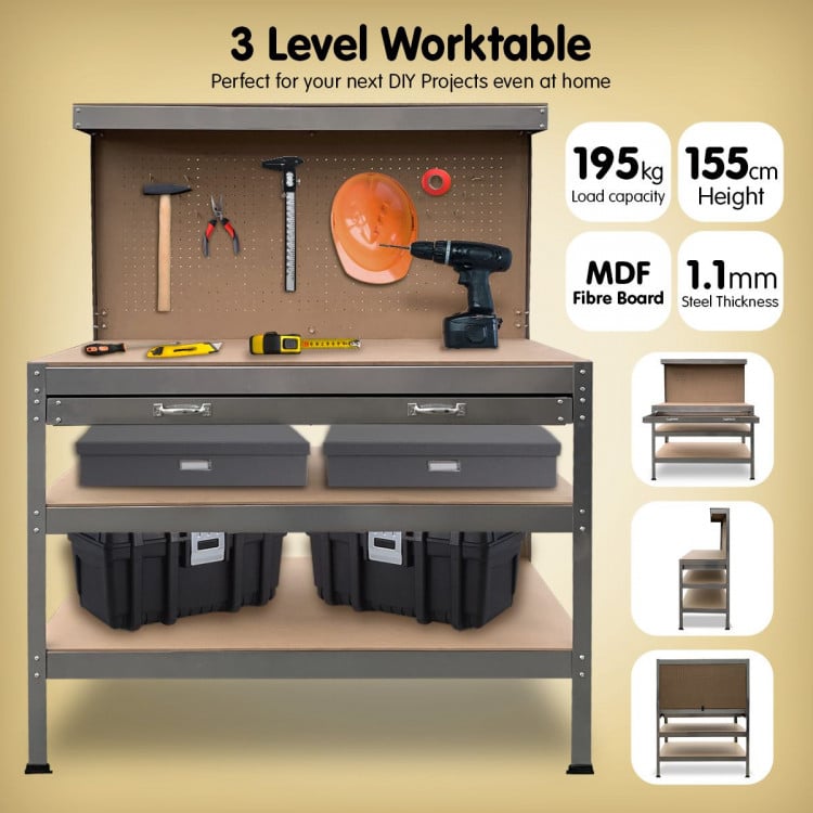 3-Layered Work Bench Garage Storage Table Tool Shop Shelf Silver image 4
