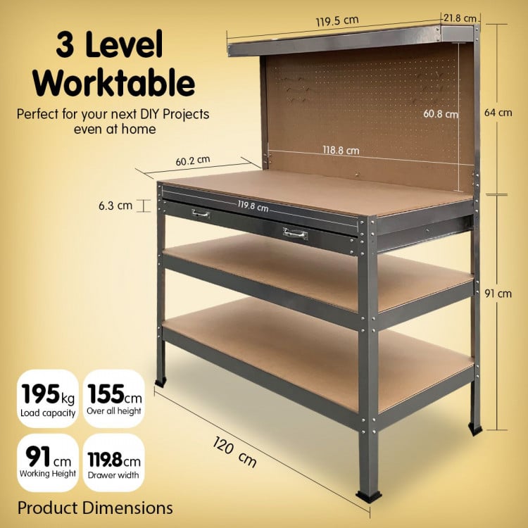 3-Layered Work Bench Garage Storage Table Tool Shop Shelf Silver image 5