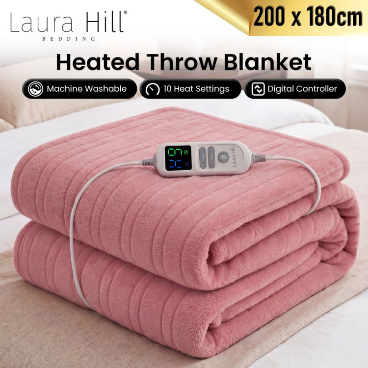 Laura Hill XL Electric Heated Blanket Throw Soft Coral Fleece with 10 Heat Settings - Pink image 9