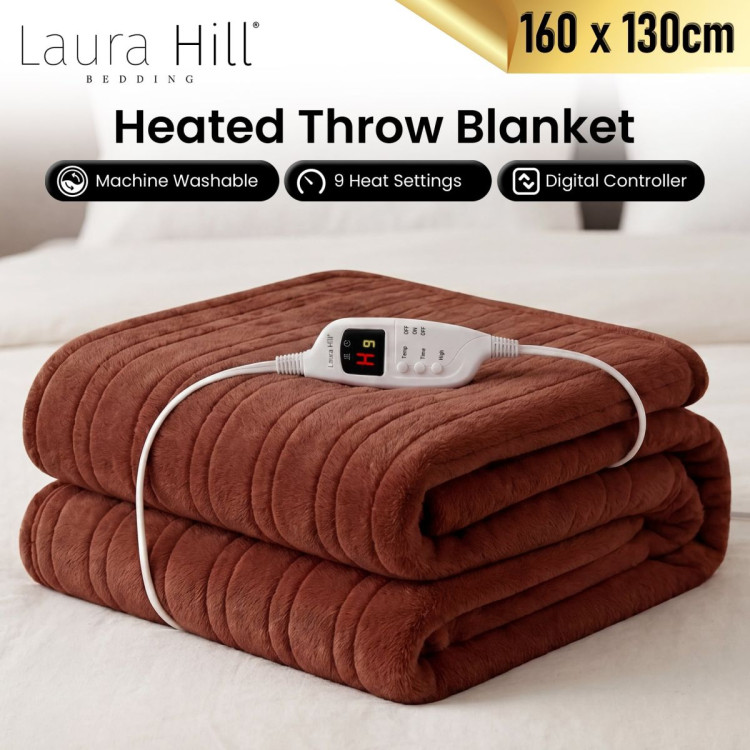 Laura Hill Electric Heated Blanket Throw Soft Coral Fleece w/ 9 Heat Settings - Brown image 8