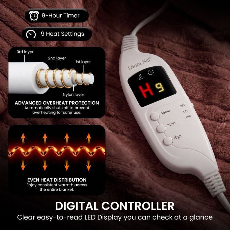 Laura Hill Electric Heated Blanket Throw Soft Coral Fleece w/ 9 Heat Settings - Brown image 5