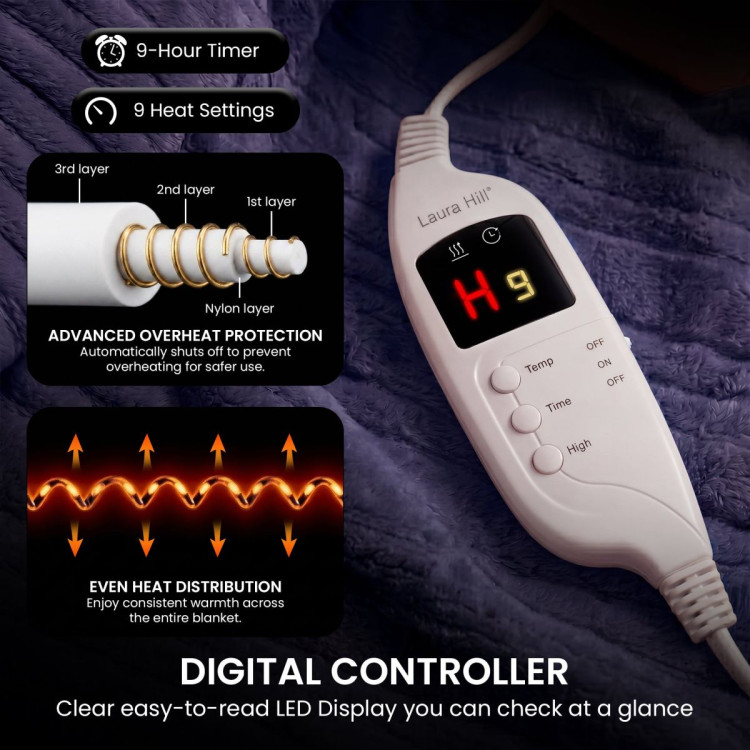 Laura Hill Electric Heated Blanket Throw Soft Coral Fleece w/ 9 Heat Settings - Blue image 5