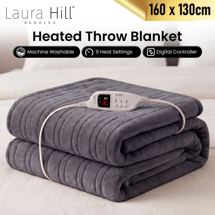 Laura Hill Electric Heated Blanket Throw Soft Coral Fleece w/ 9 Heat Settings - Grey image 8
