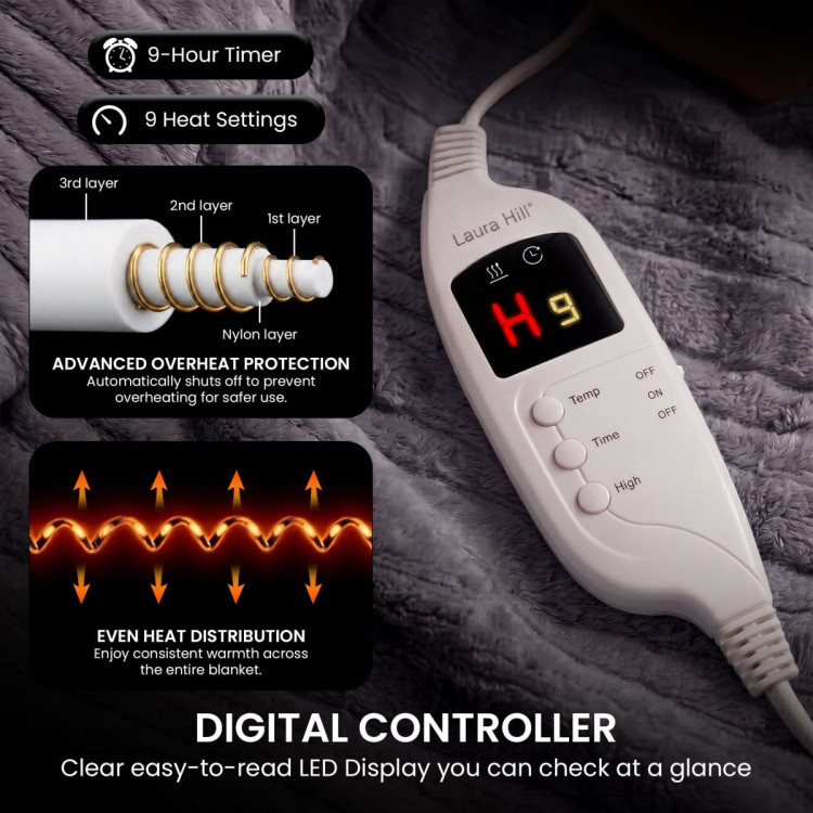 Laura Hill Electric Heated Blanket Throw Soft Coral Fleece w/ 9 Heat Settings - Grey image 5