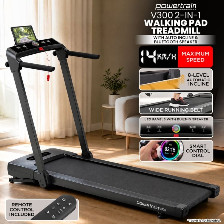 Powertrain V300 3.0HP Foldable 2-in-1 Walking Pad Treadmill with Auto Incline 14km/h Under Desk Running Machine