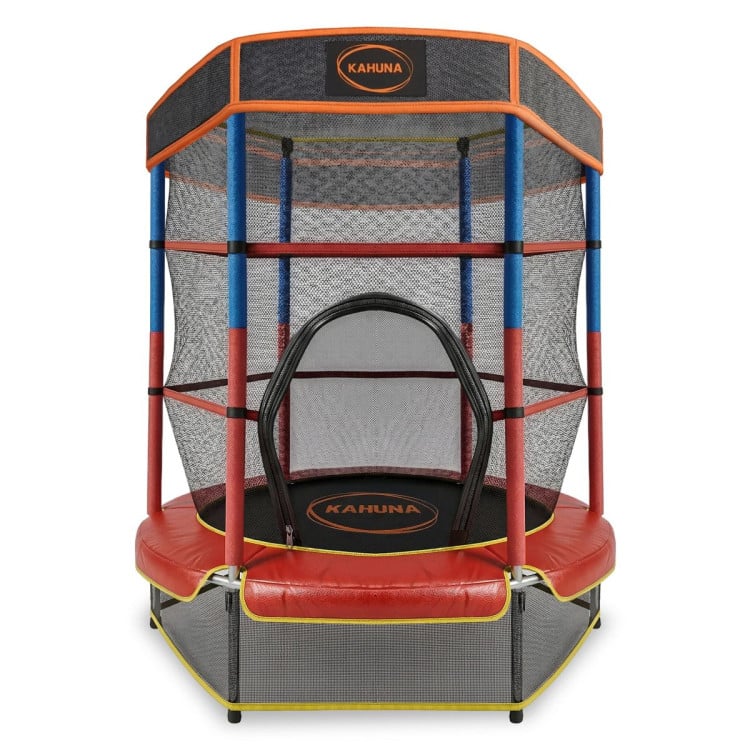 Kahuna 4.5ft Kids Trampoline with Roof Shade Cover & Safety Net Enclosure - Outdoor Indoor Toddler Play Red Blue