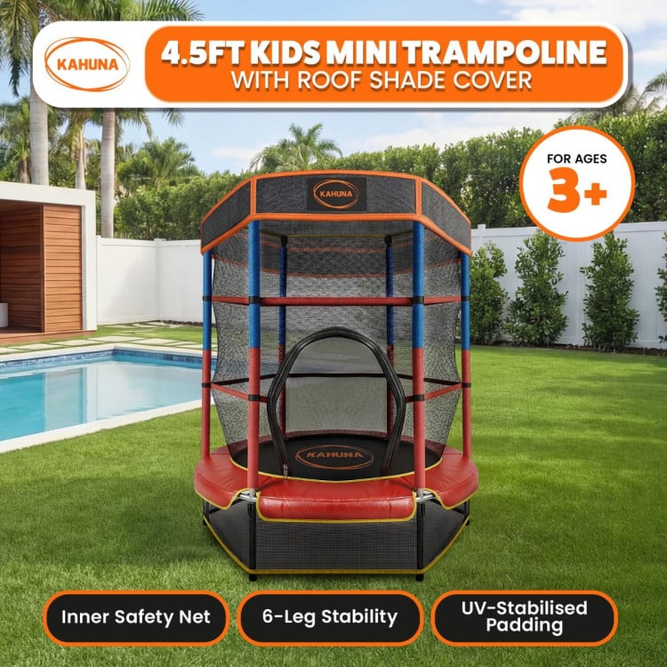 Kahuna 4.5ft Kids Trampoline with Roof Shade Cover & Safety Net Enclosure - Outdoor Indoor Toddler Play Red Blue image 3