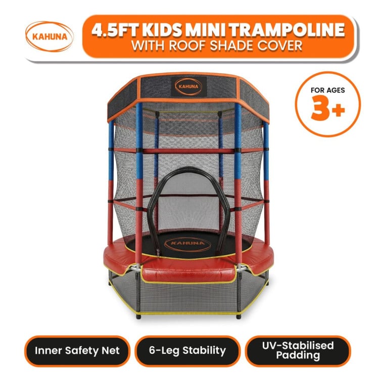 Kahuna 4.5ft Kids Trampoline with Roof Shade Cover & Safety Net Enclosure - Outdoor Indoor Toddler Play Red Blue image 4